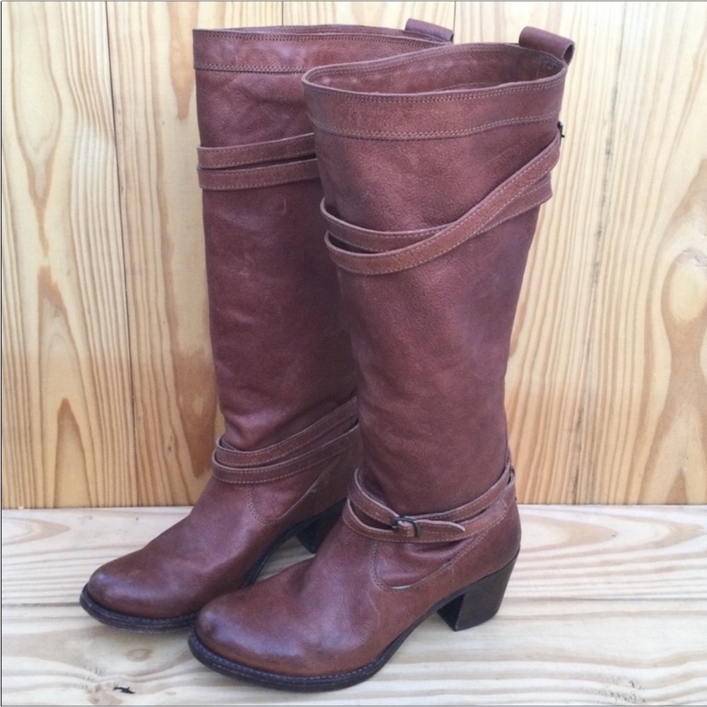 Frye Jane Strappy Tall Harness Leather Heeled Boots Size 8.5